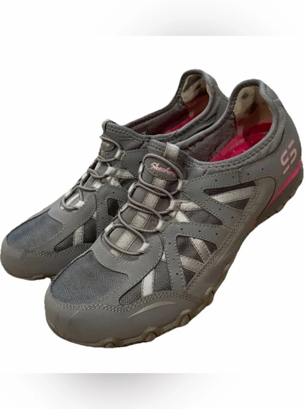 Skechers Bikers Shoes Sneakers Womens Size 7.5 Leather Gray Hot Pink 22406R